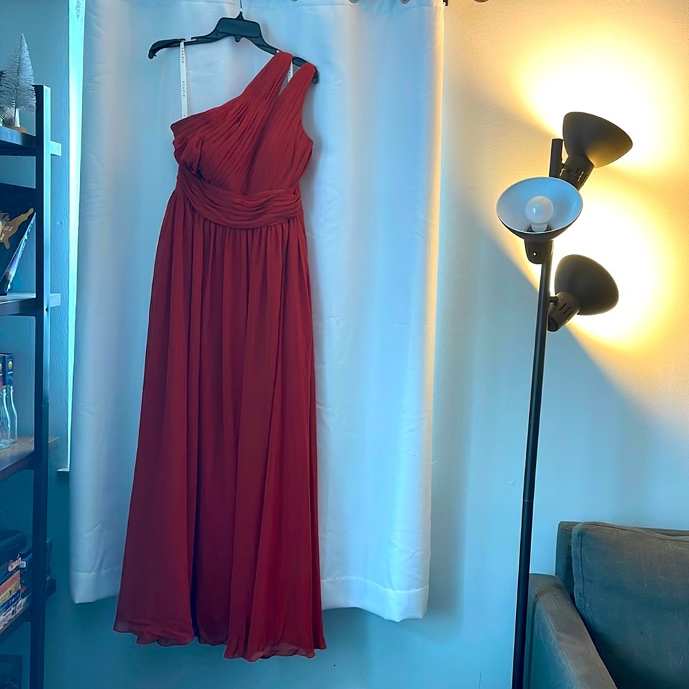 Rust colored azazie bridesmaid dress, one shoulder